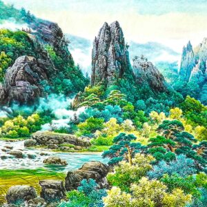 高山雲海瀑布風景畫