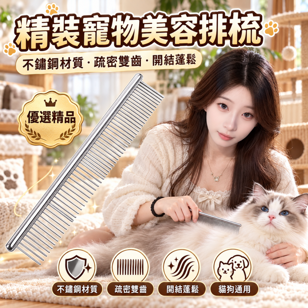 不鏽鋼寵物美容排梳 疏密雙齒開結梳 貓狗通用防靜電蓬鬆美容梳