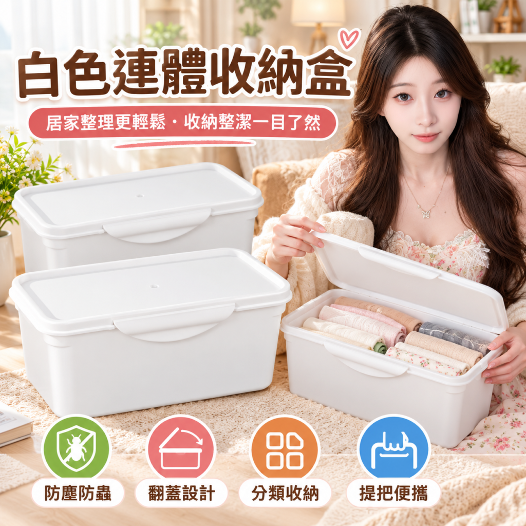 一體成型提把收納盒|白色日式居家置物箱