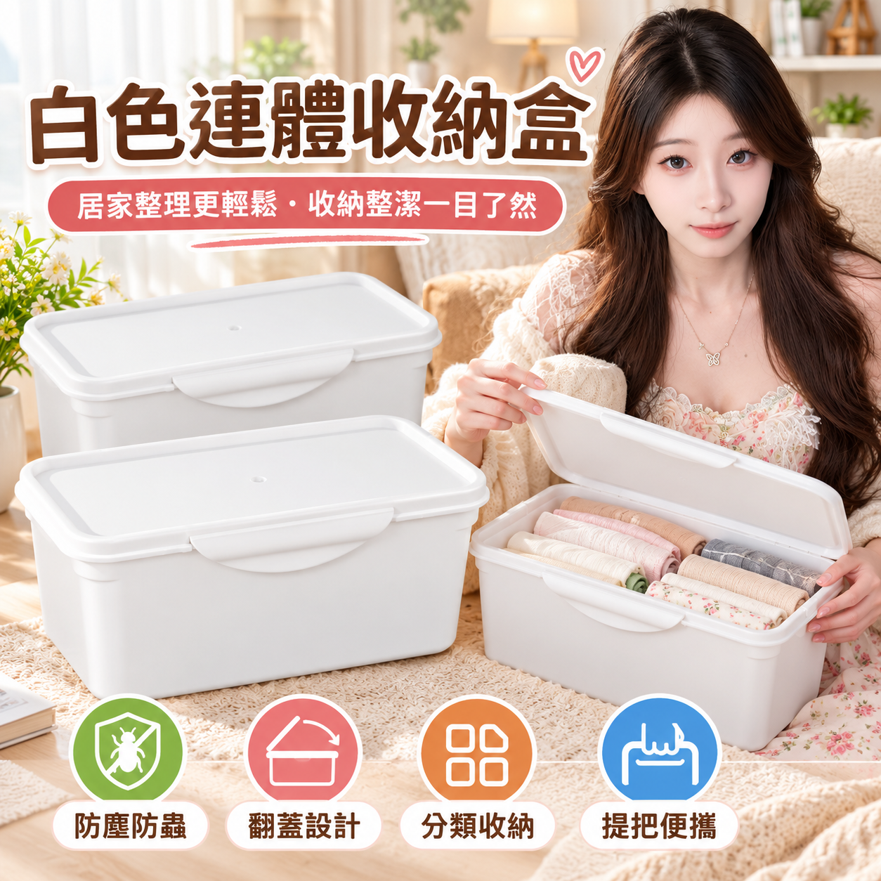 一體成型提把收納盒|白色日式居家置物箱