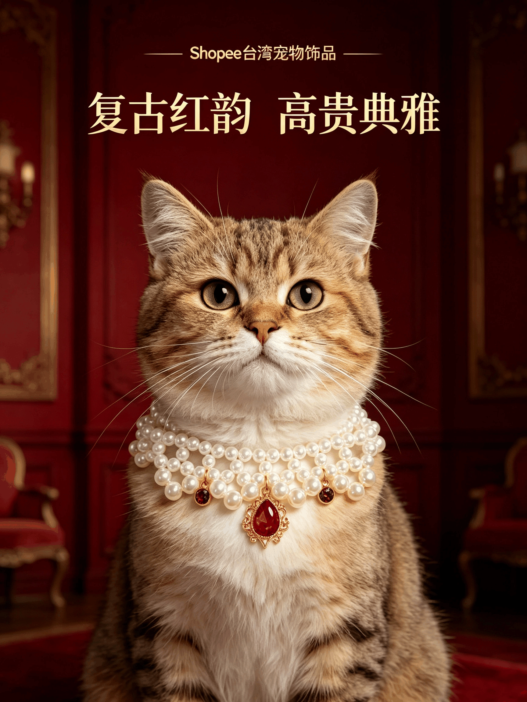 復古珍珠寶石寵物項鍊 高級感輕奢貓咪小型犬拍照裝飾項圈 多色可選:圖片 2