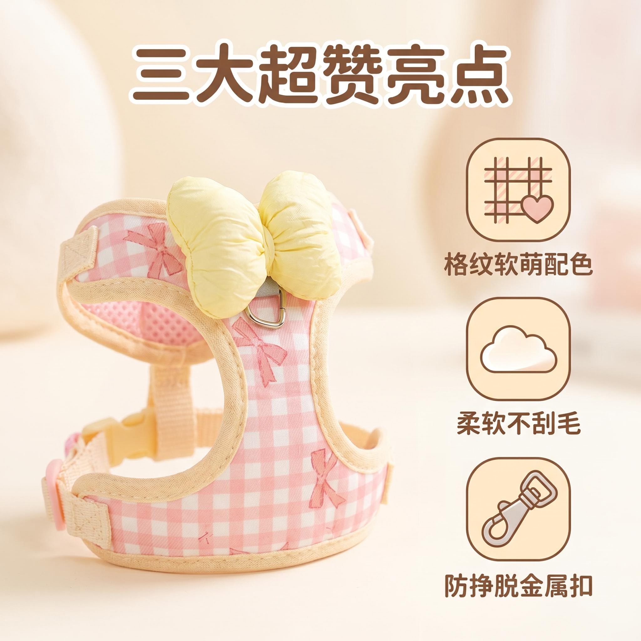 格紋寵物胸背帶|蝴蝶結款・貓狗外出牽引・粉/藍雙色S–L:圖片 7