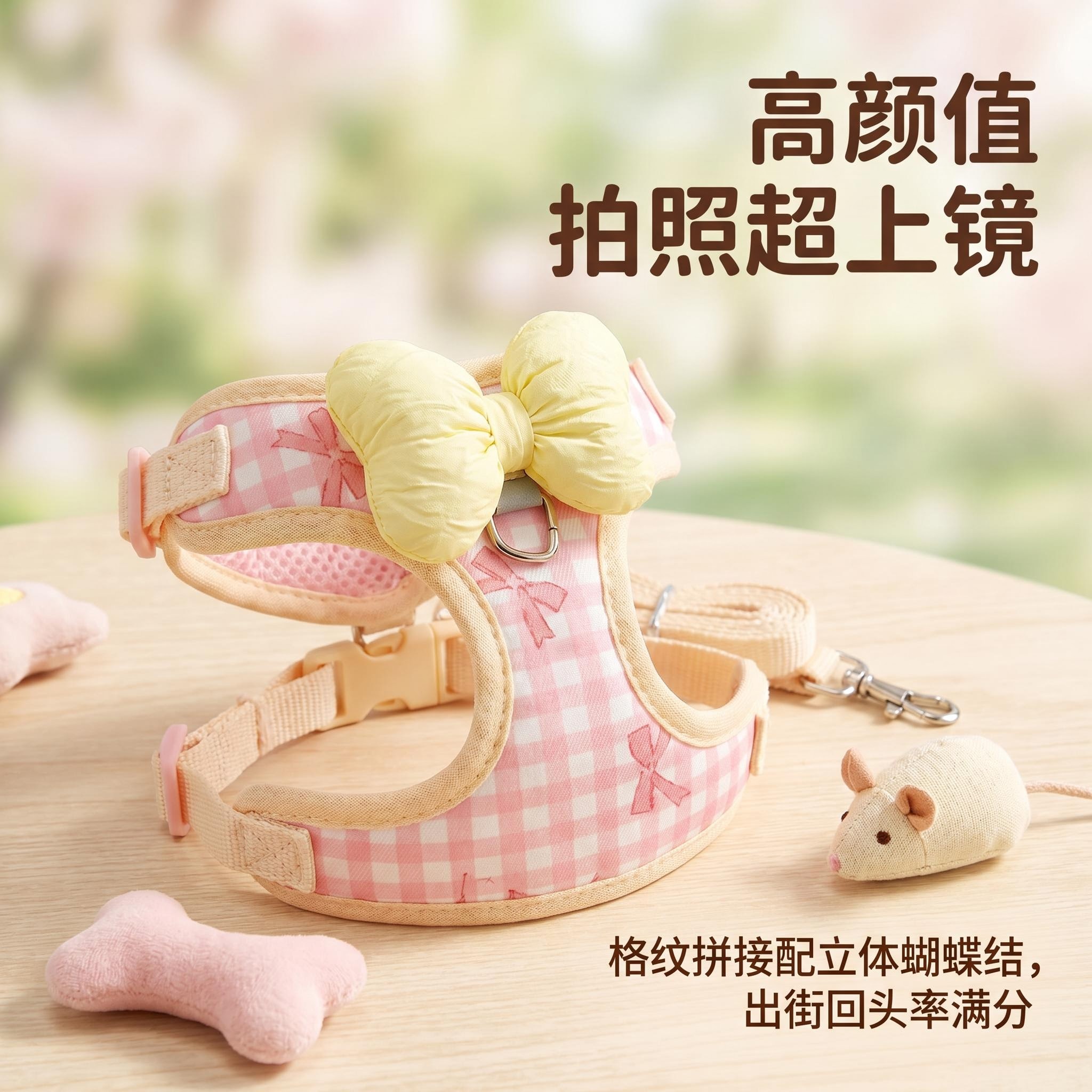 格紋寵物胸背帶|蝴蝶結款・貓狗外出牽引・粉/藍雙色S–L:圖片 2