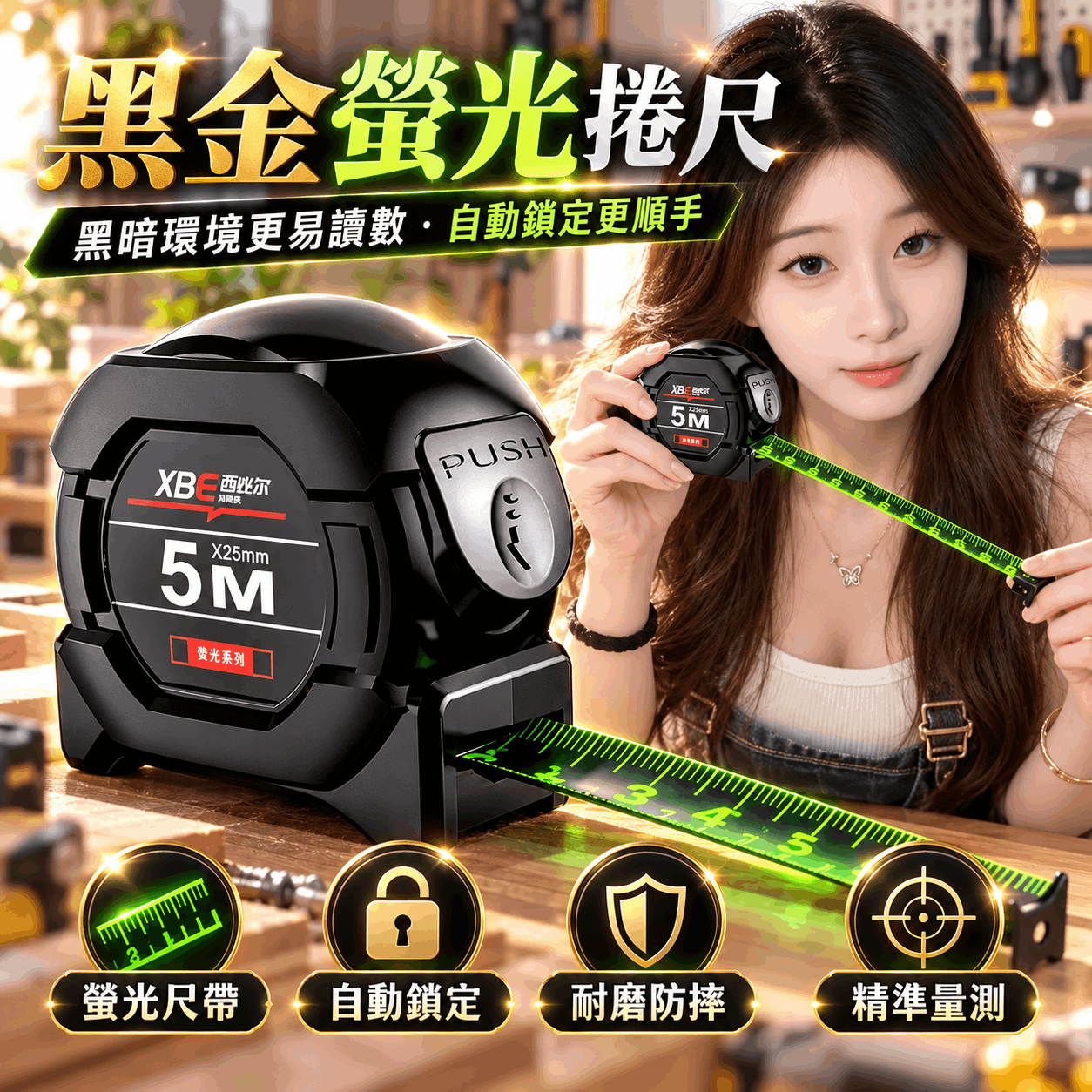 黑金夜光自鎖捲尺|5M高亮螢光鋼捲尺|自動鎖定工程量尺|耐磨防摔測量工具