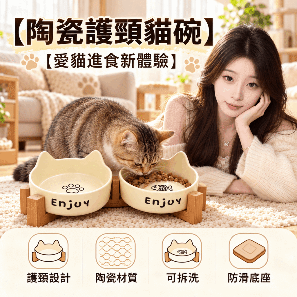 貓咪陶瓷雙碗組|橡木木架護頸食盆・單碗/雙碗黃白款可選