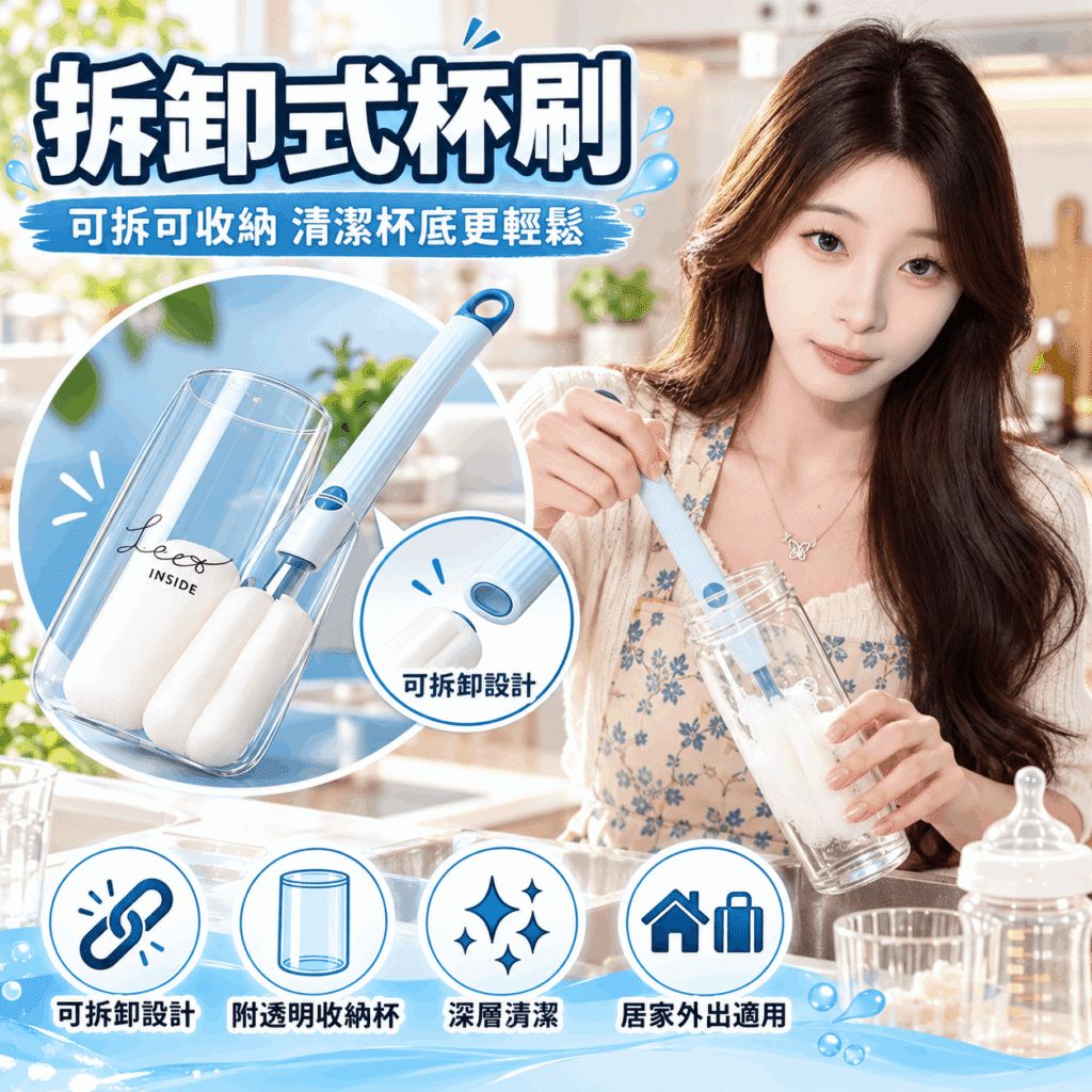 可拆卸長柄杯刷｜附透明收納杯｜深層清潔瓶刷｜奶瓶水杯清潔刷｜廚房居家清潔工具