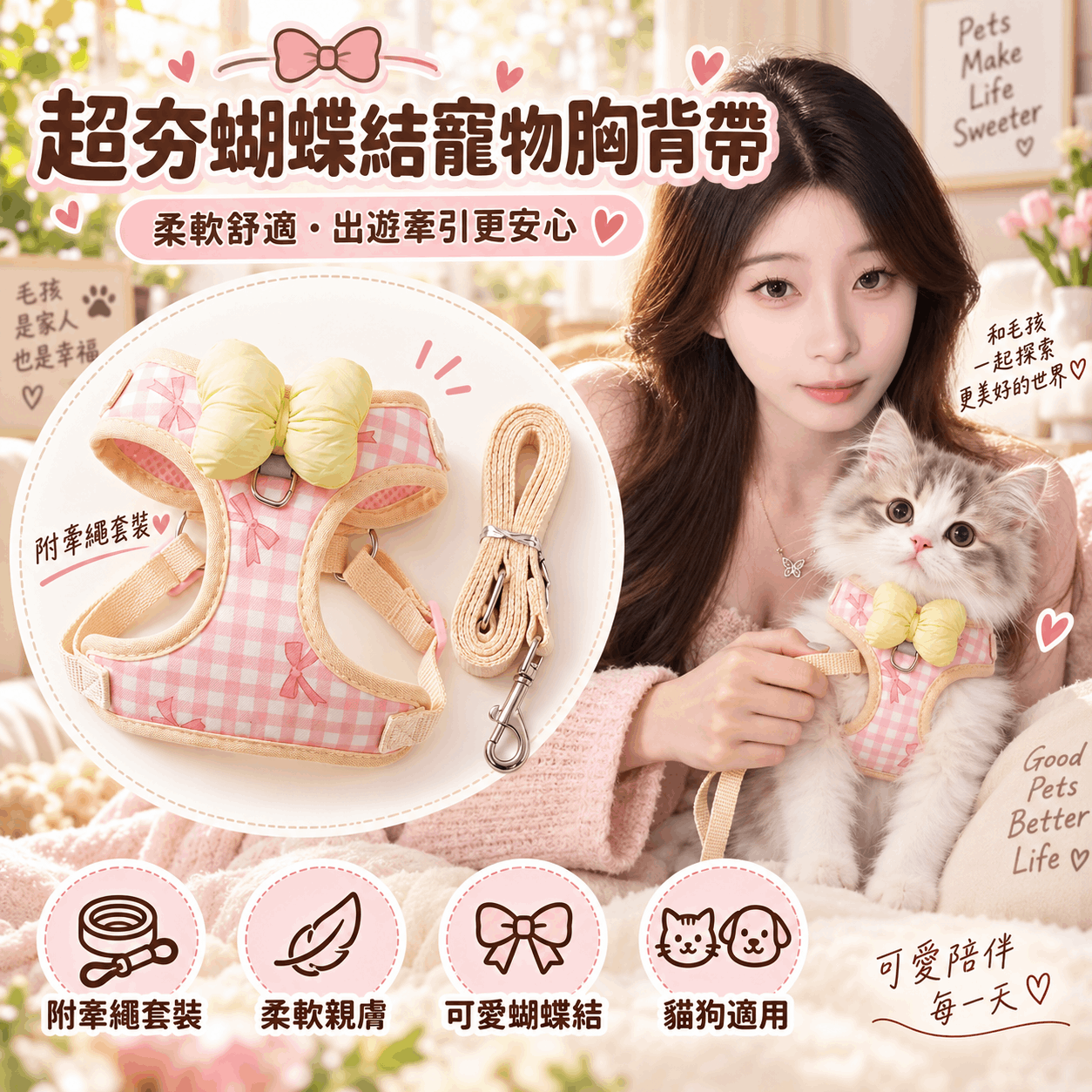格紋寵物胸背帶|蝴蝶結款・貓狗外出牽引・粉/藍雙色S–L