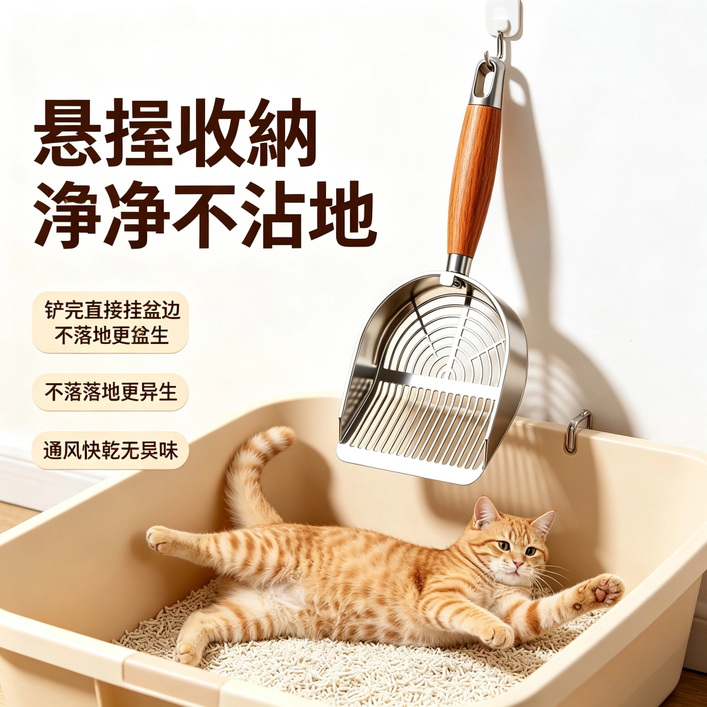 304不鏽鋼貓砂鏟|實木長柄大孔過濾・條形/圓孔款可選:圖片 2