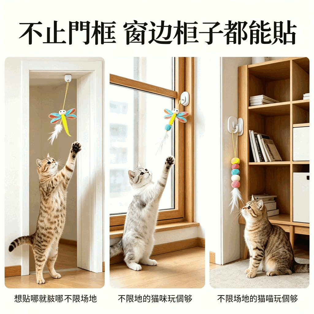 掛門式可【台灣出貨】調節逗貓棒 吸盤懸掛毛球羽毛逗貓玩具 帶鈴鐺貓咪自嗨解悶玩具 幼貓成貓通用:圖片 4