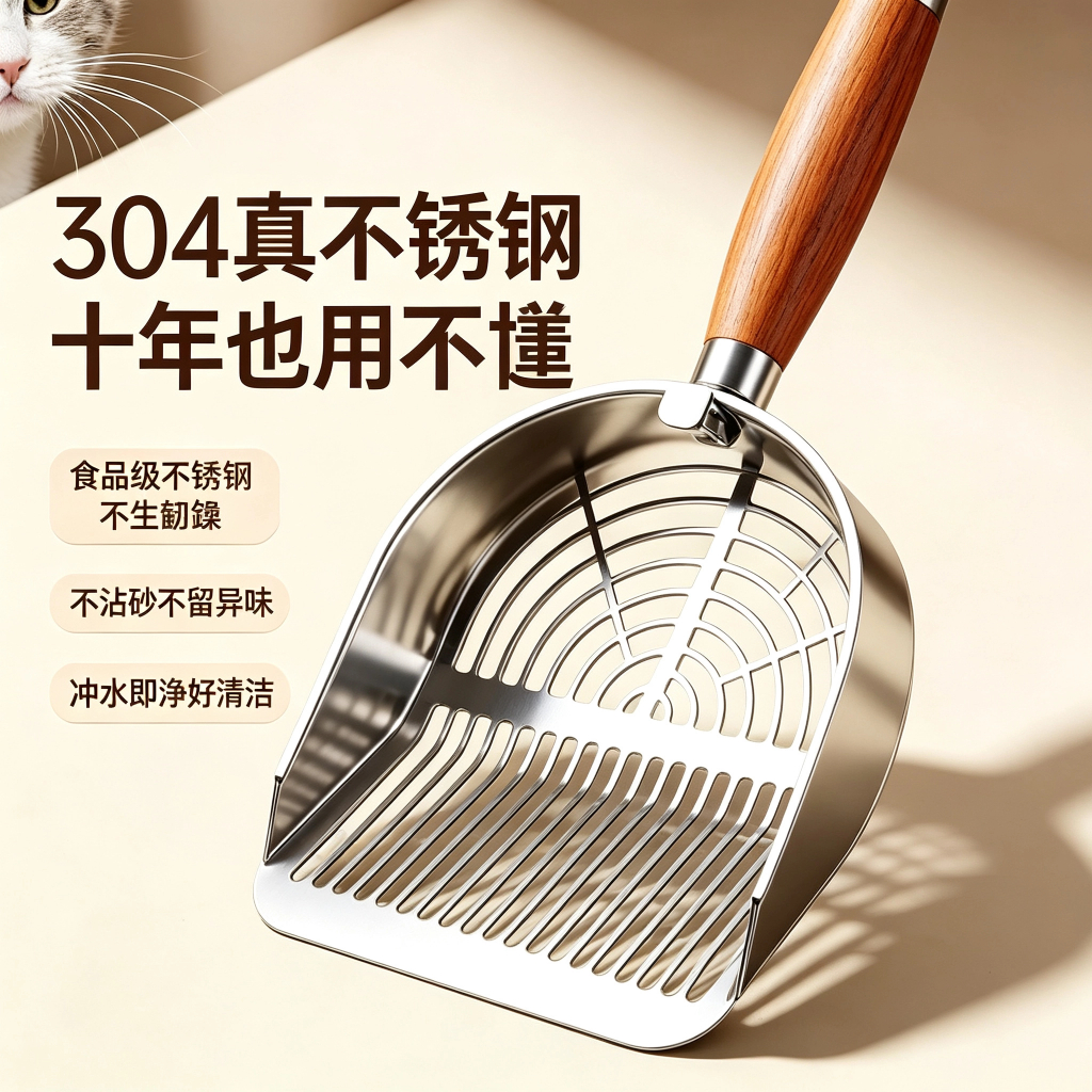 304不鏽鋼貓砂鏟|實木長柄大孔過濾・條形/圓孔款可選:圖片 3
