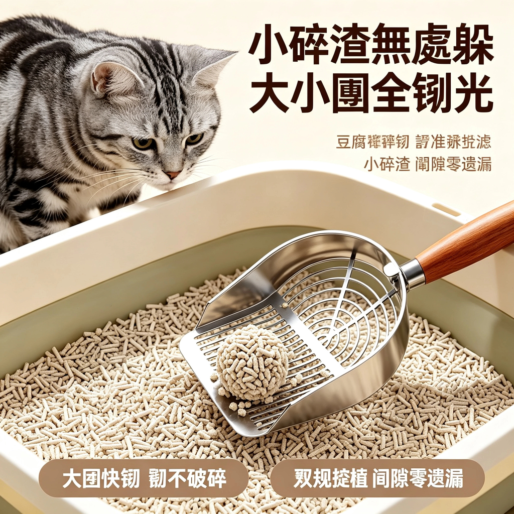 304不鏽鋼貓砂鏟|實木長柄大孔過濾・條形/圓孔款可選:圖片 5