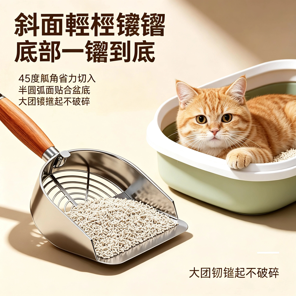 304不鏽鋼貓砂鏟|實木長柄大孔過濾・條形/圓孔款可選:圖片 9