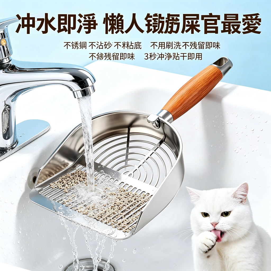 304不鏽鋼貓砂鏟|實木長柄大孔過濾・條形/圓孔款可選:圖片 4