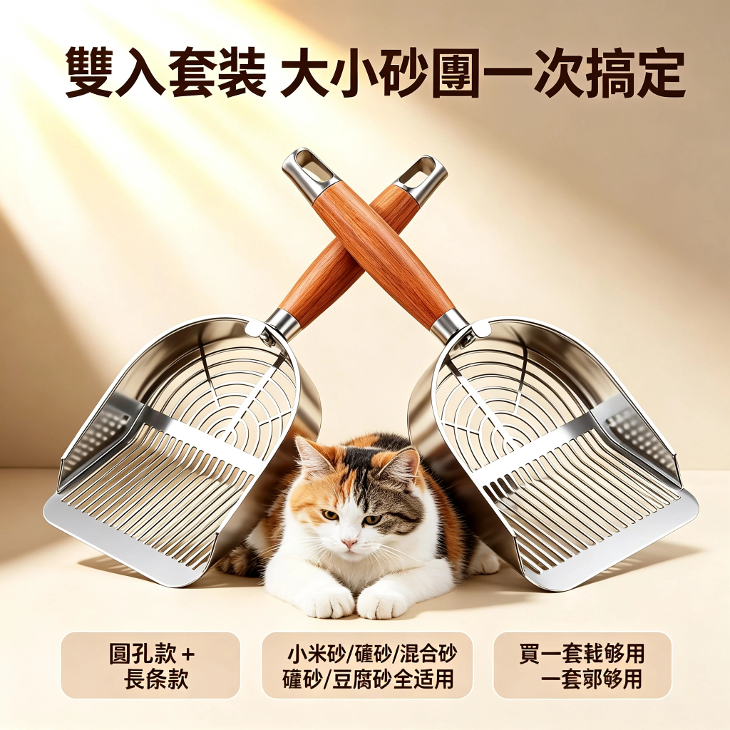 304不鏽鋼貓砂鏟|實木長柄大孔過濾・條形/圓孔款可選:圖片 8
