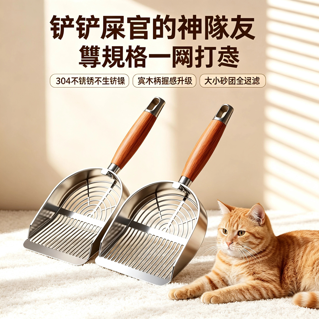 304不鏽鋼貓砂鏟|實木長柄大孔過濾・條形/圓孔款可選:圖片 7